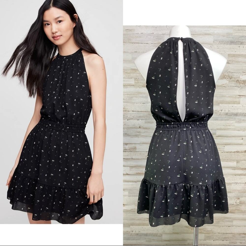 Aritzia Wilfred Effet Halter Floral Dress Womens Size XS Black Split Back Ruffle